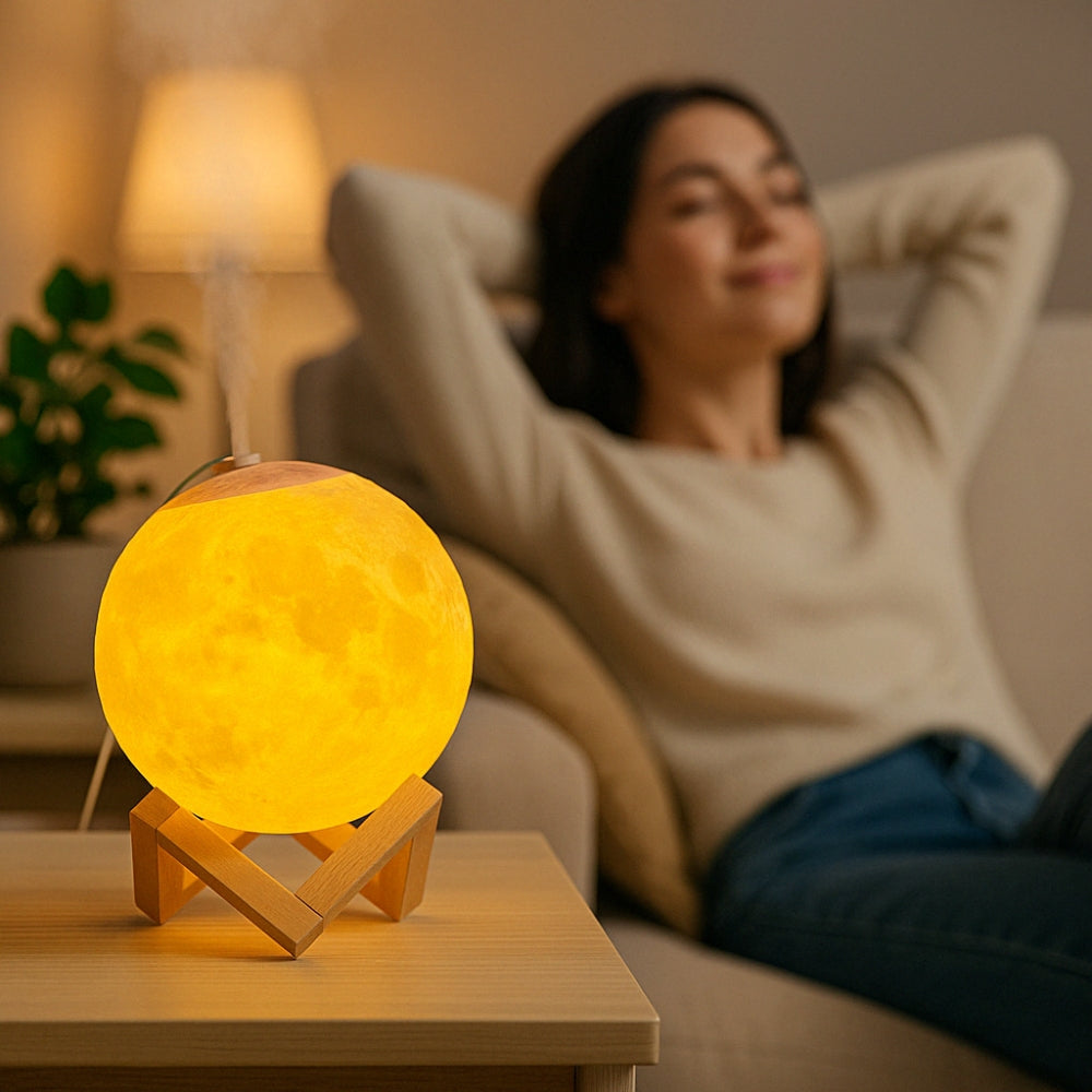 Lámpara Humidificadora 3 en 1 – Luz Nocturna, Difusor y Decoración Lunar